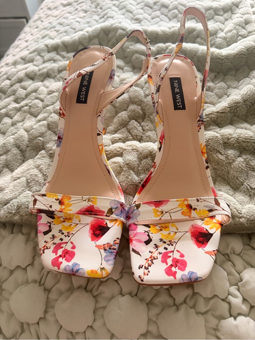 Nine West White Floral Slingback Heels with Pink, Yellow & Purple Accents